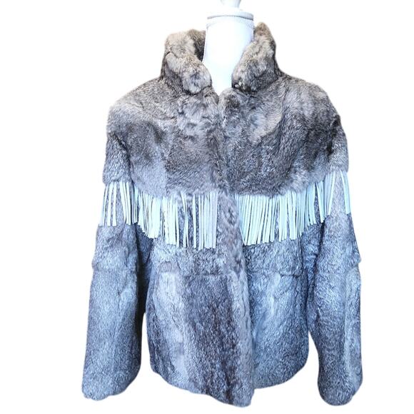 Vtg Rabbit Fur w/leather Fringe gray bomber jacket Western Chic 80s size small - Picture 2 of 11